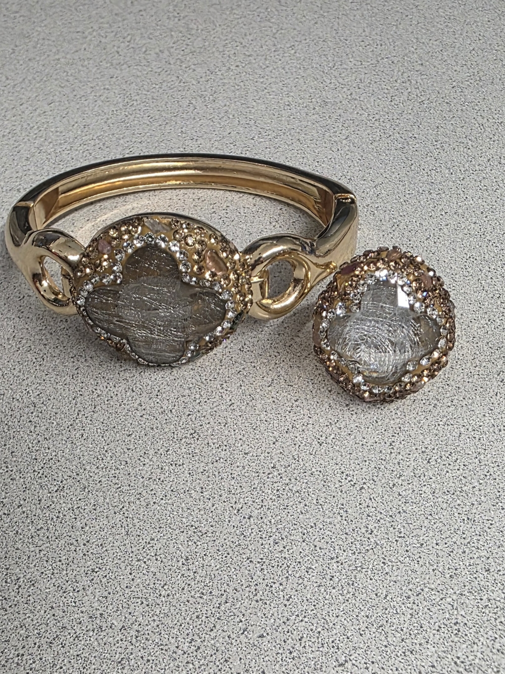 14k Gold Plated Crystal Pave Bangle and Ring Set Real Natural Stones